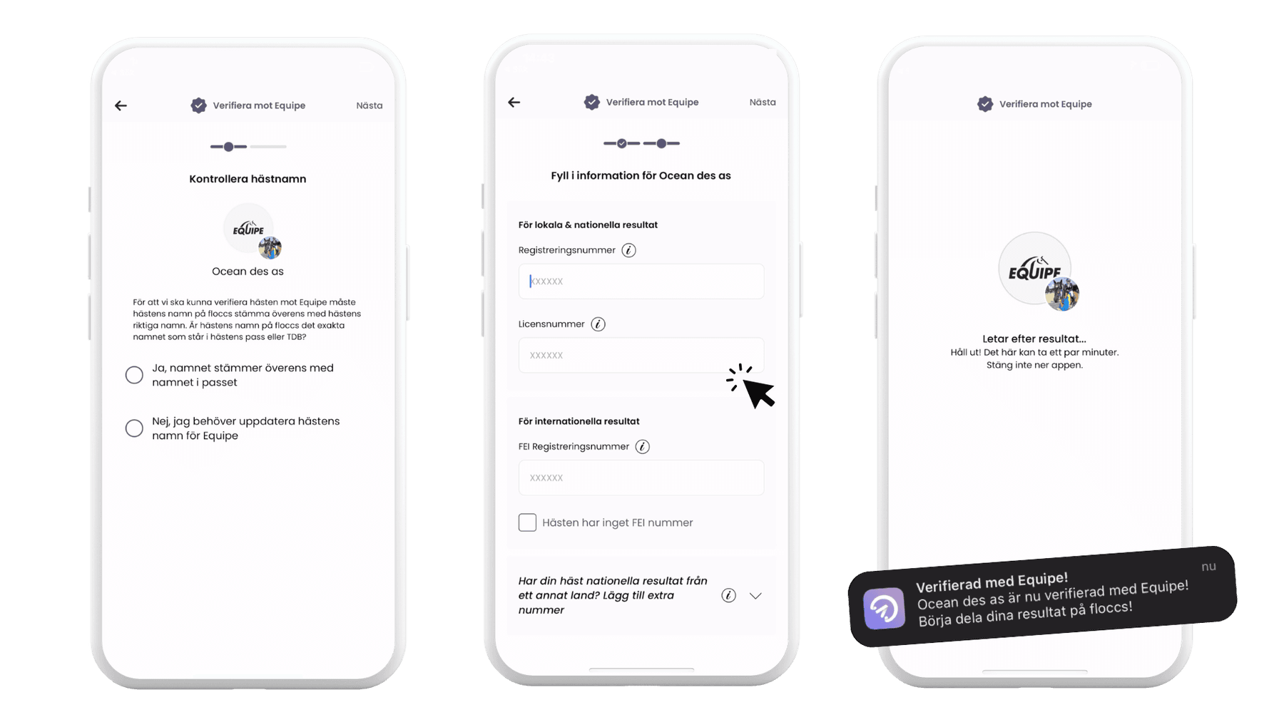 Enter your horse's registration number and license number to verify your horse with Equipe