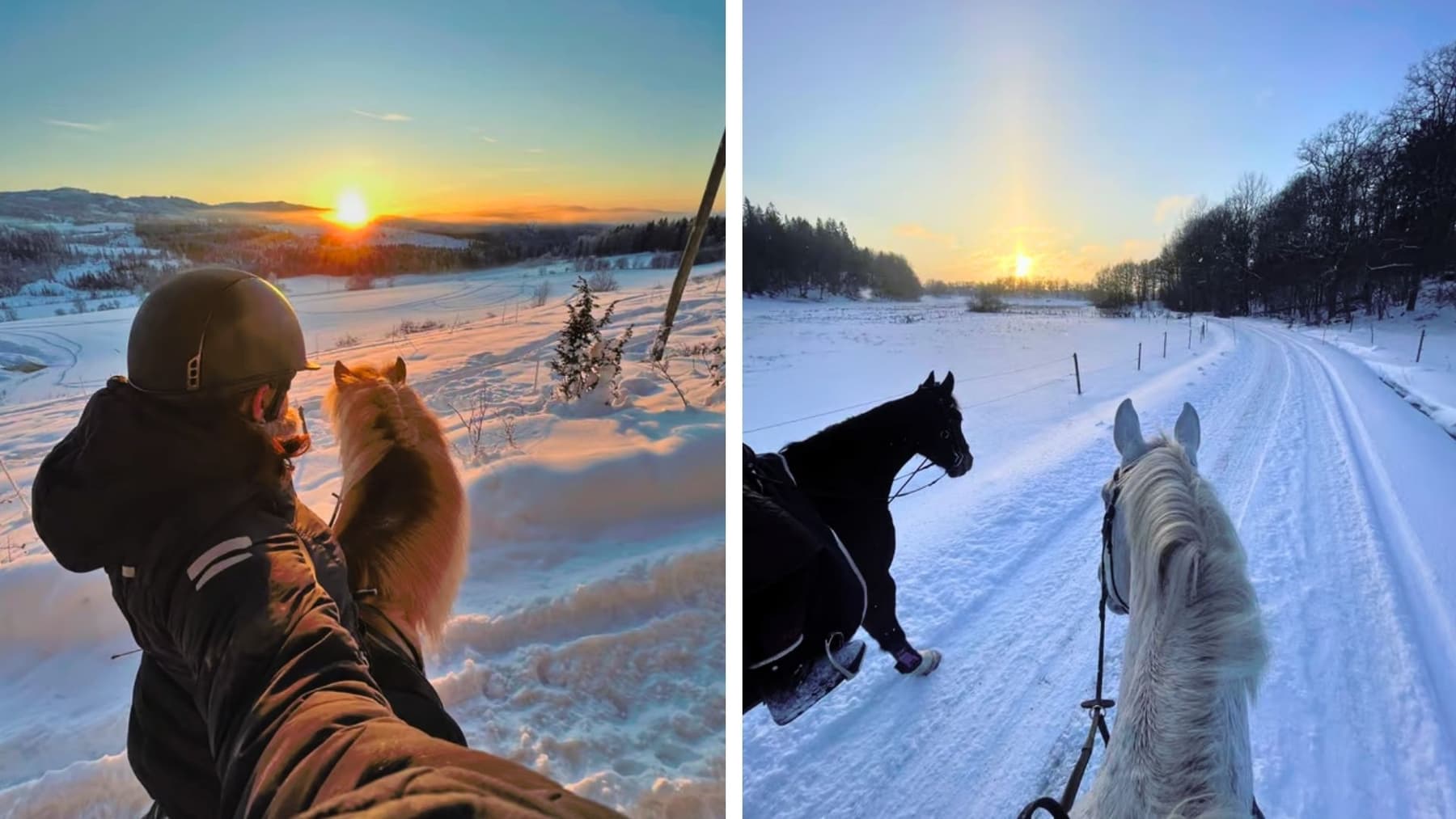 Uteritt i solnedgång på vintern